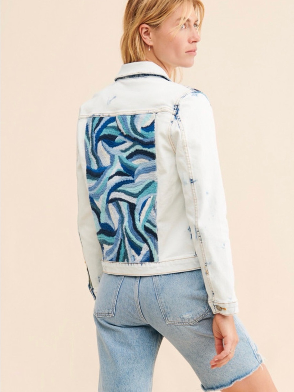 Embroidered Light Wash Denim Jacket - Blue Swirl